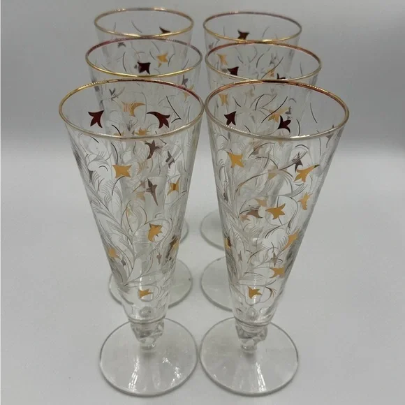 Vintage Libbey MCM Royal Fern Gold/White Pilsner Glasses Set of 6 - Picture 2 of 5